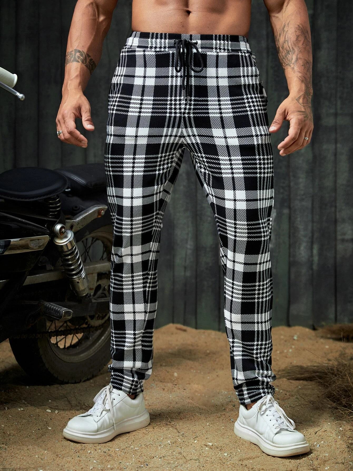 Manfinity Homme Men Plaid Print Drawstring Waist Pants Tapered Long Slacks Colorful Going Out