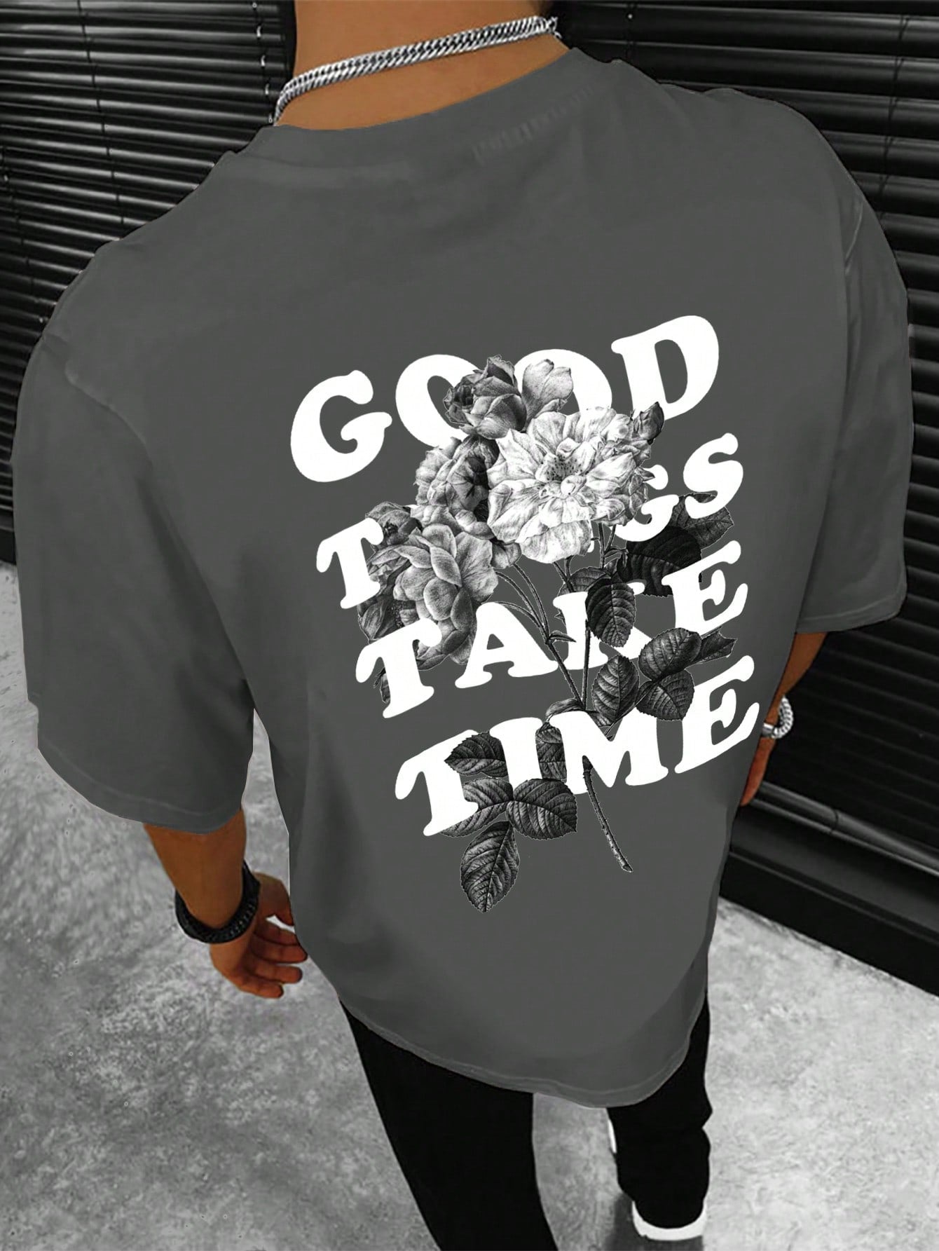 Men's Floral and Slogan Graphic Drop Shoulder Tee