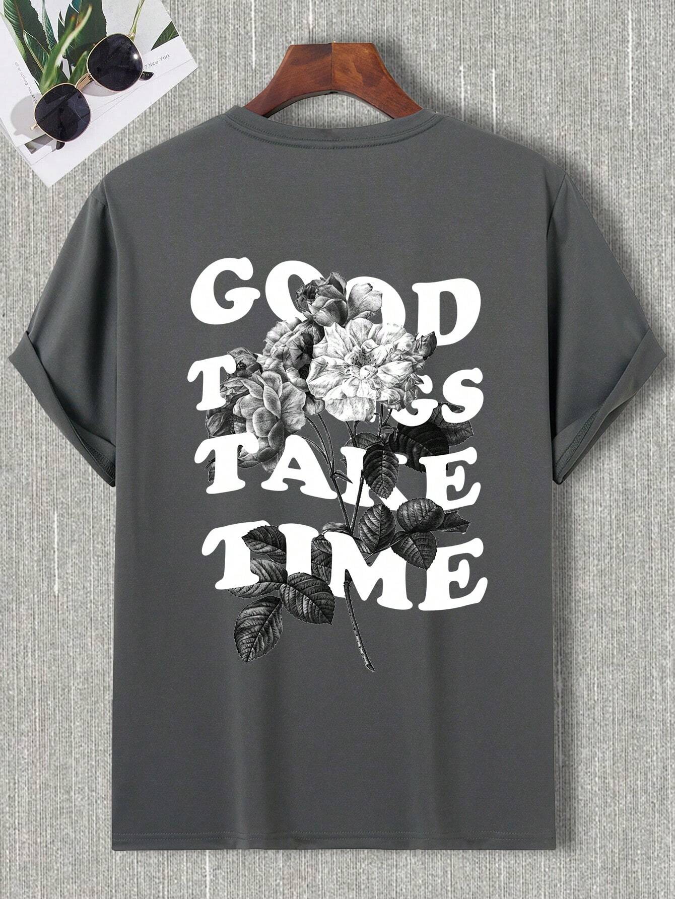 Men's Floral and Slogan Graphic Drop Shoulder Tee