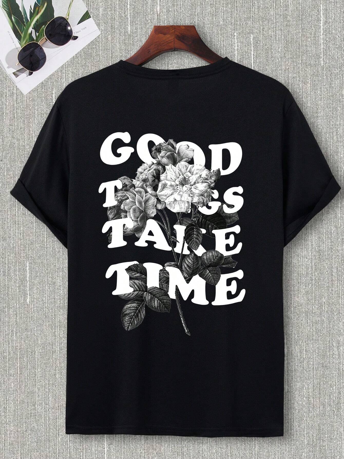 Men's Floral and Slogan Graphic Drop Shoulder Tee