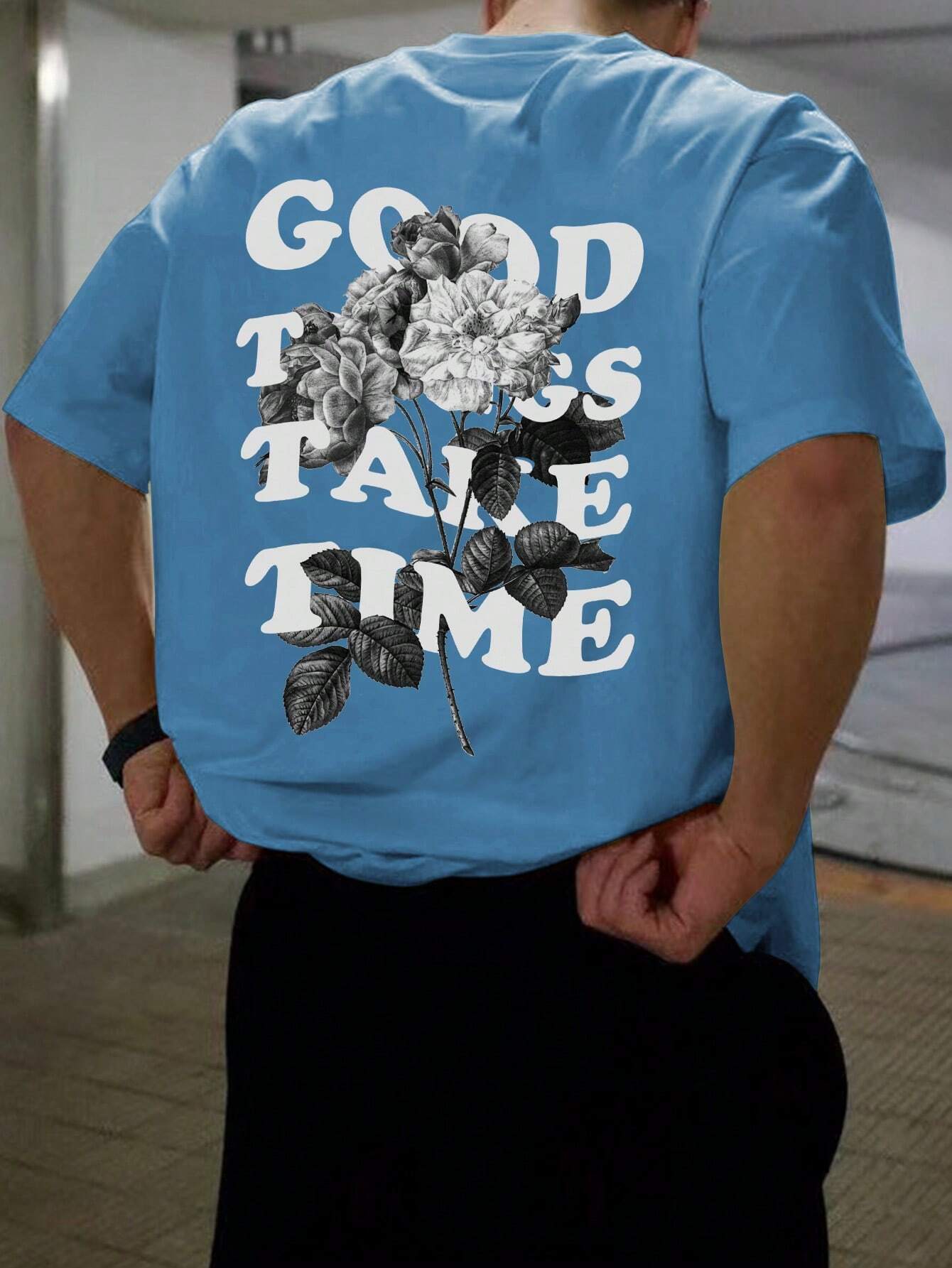 Men's Floral and Slogan Graphic Drop Shoulder Tee