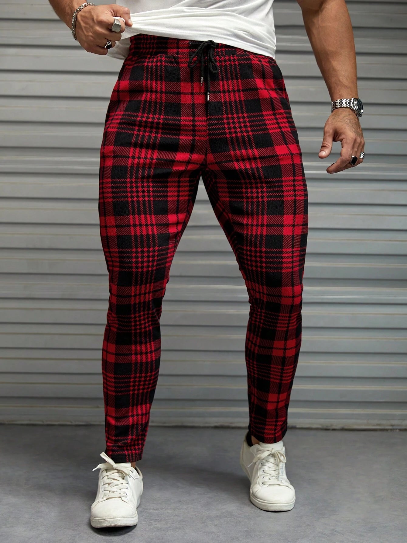 Manfinity Homme Men Plaid Print Drawstring Waist Pants Tapered Long Slacks Colorful Going Out