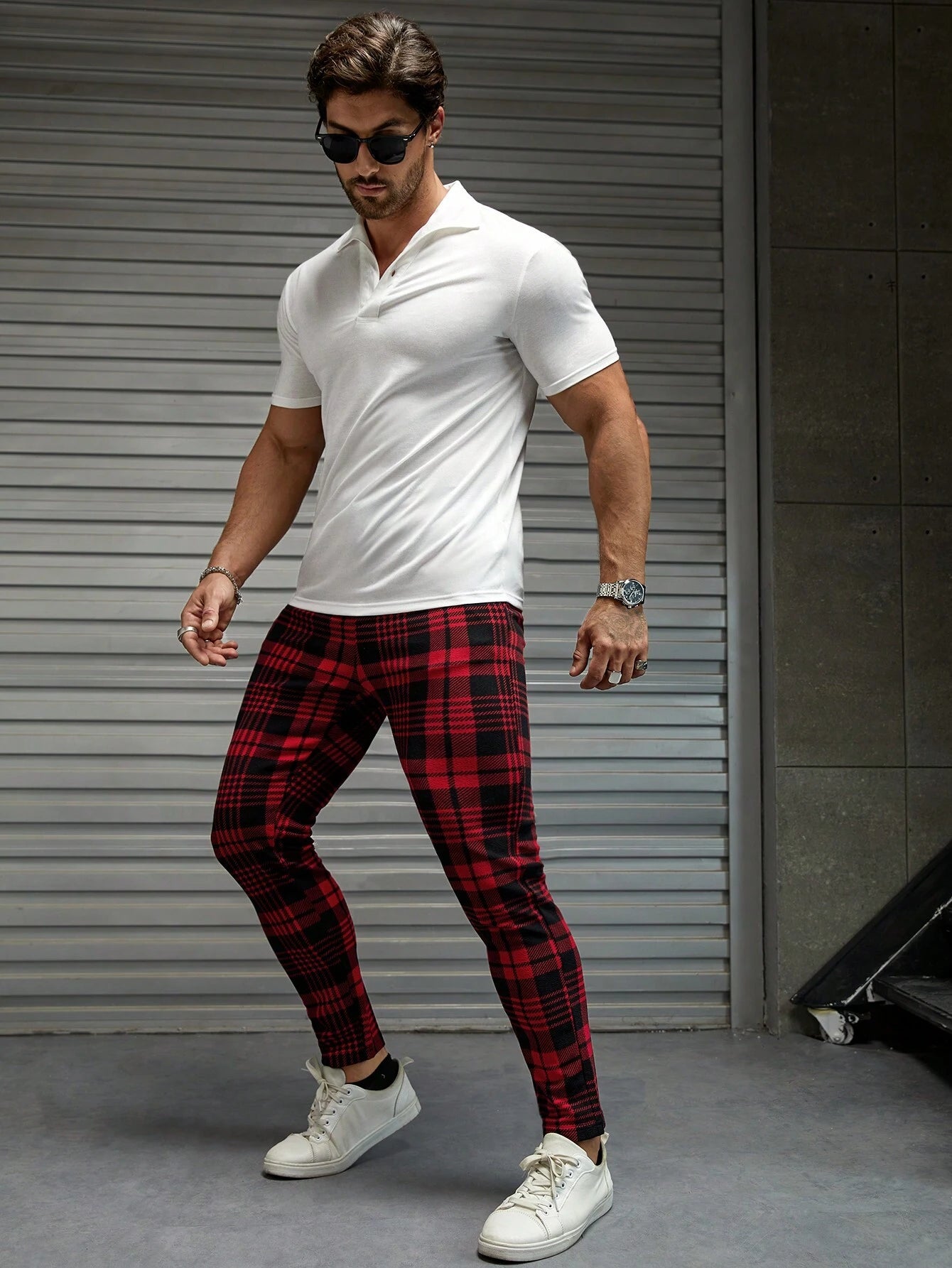 Manfinity Homme Men Plaid Print Drawstring Waist Pants Tapered Long Slacks Colorful Going Out