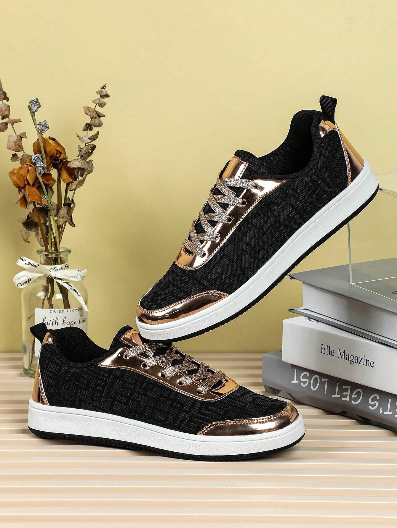 Knit Patchwork Black & Golden Leather Simple Fashionable Lightweight Breathable Outdoor Jogging Shoes, Comfortable Soft Casual Sneakers for Men