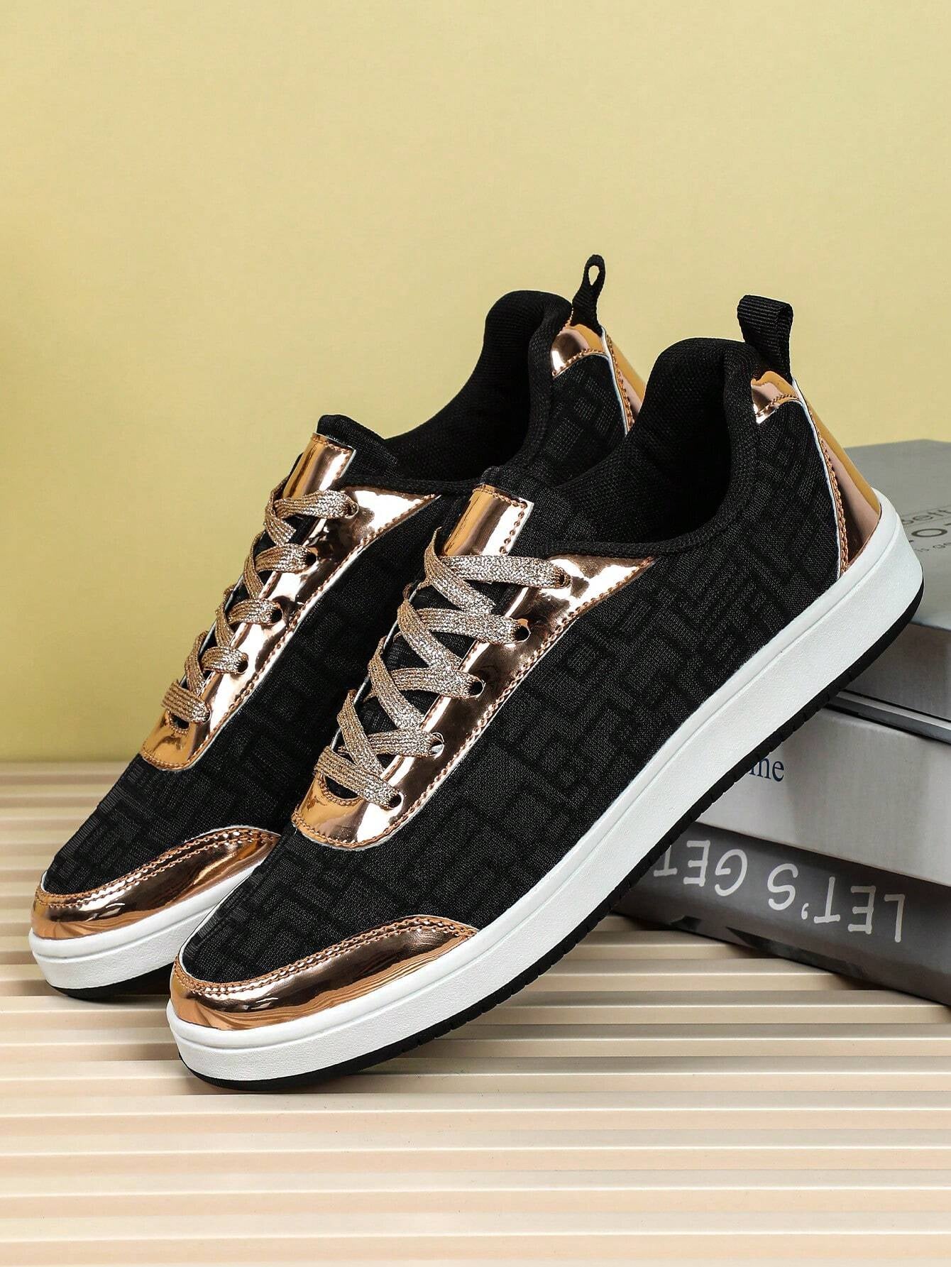 Knit Patchwork Black & Golden Leather Simple Fashionable Lightweight Breathable Outdoor Jogging Shoes, Comfortable Soft Casual Sneakers for Men