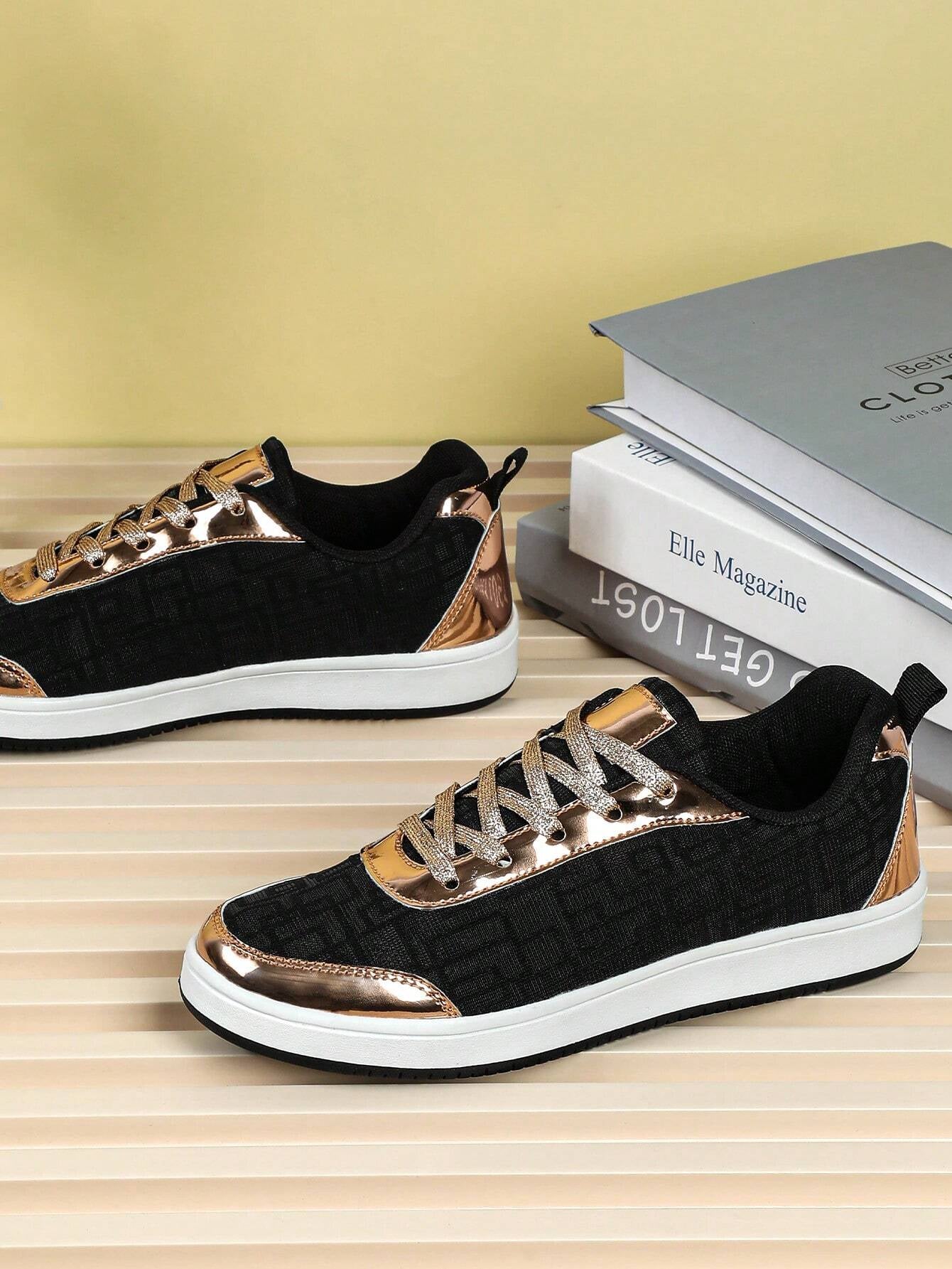 Knit Patchwork Black & Golden Leather Simple Fashionable Lightweight Breathable Outdoor Jogging Shoes, Comfortable Soft Casual Sneakers for Men